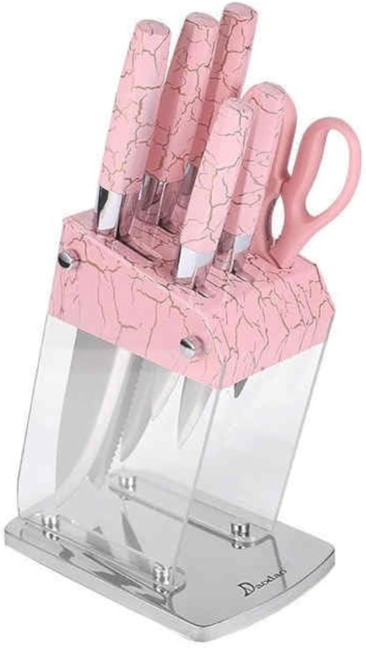 طقم سكاكين هابي هوم مكون من 6 قطع من الفولاذ المقاوم للصدأ مع حامل للسكاكين (وردي)